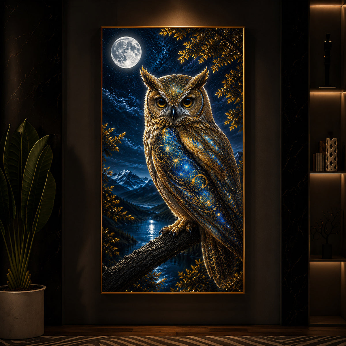 Majestic Golden Owl Modern Luxury Backlight Vertical Wall Art