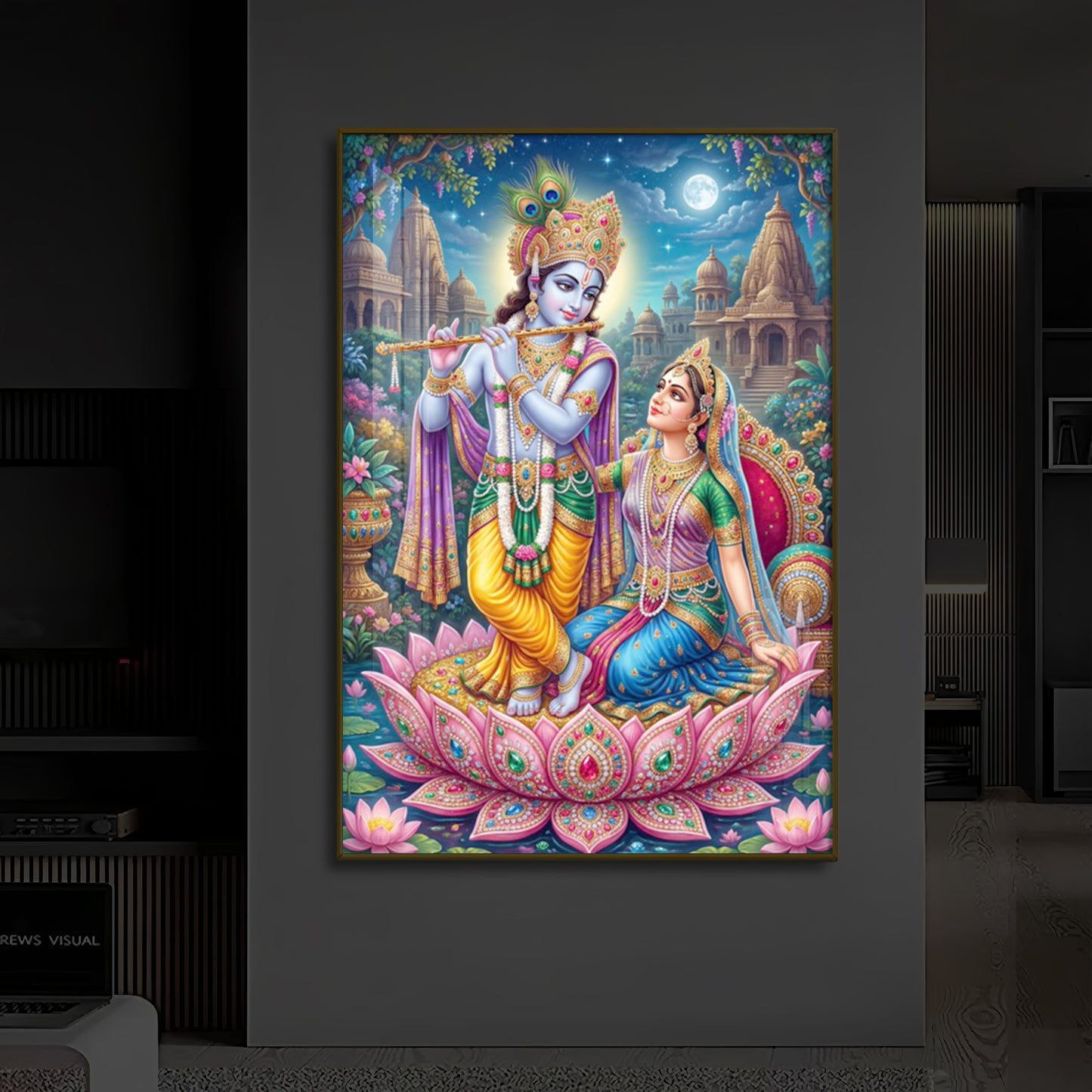 Goddess Radha and God Krishna Modern Luxury Backlight Vertical Wall Art