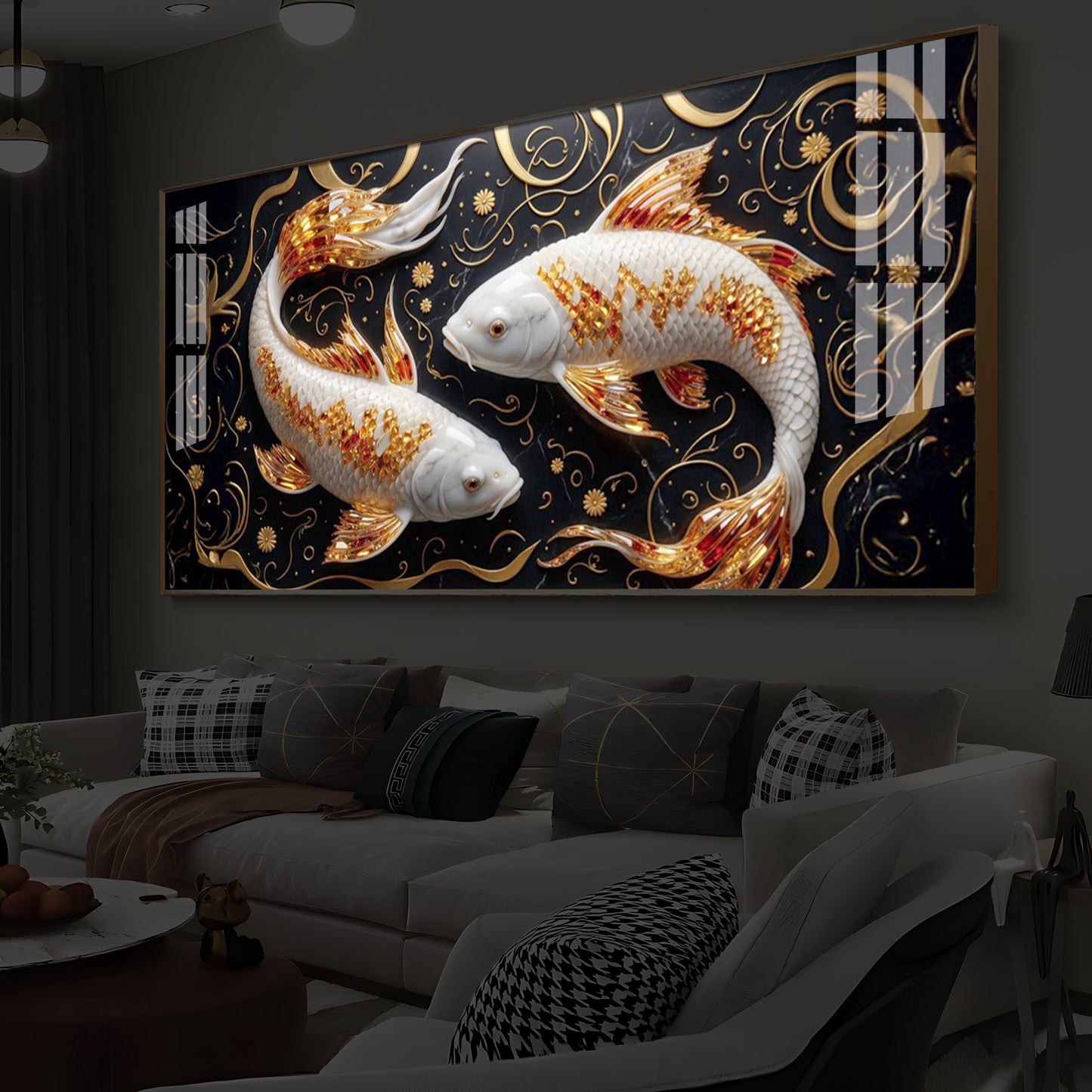 Two Golden Koi Fish Modern Luxury Backlight Horizontal Wall Art