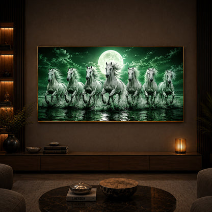 7 Running Horses With Green Backdrop Modern Luxury Backlight Horizontal Wall Art