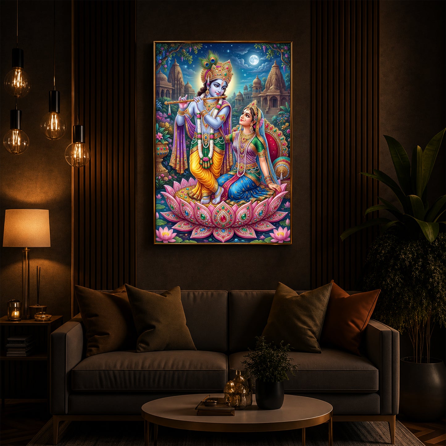 Goddess Radha and God Krishna Modern Luxury Backlight Vertical Wall Art