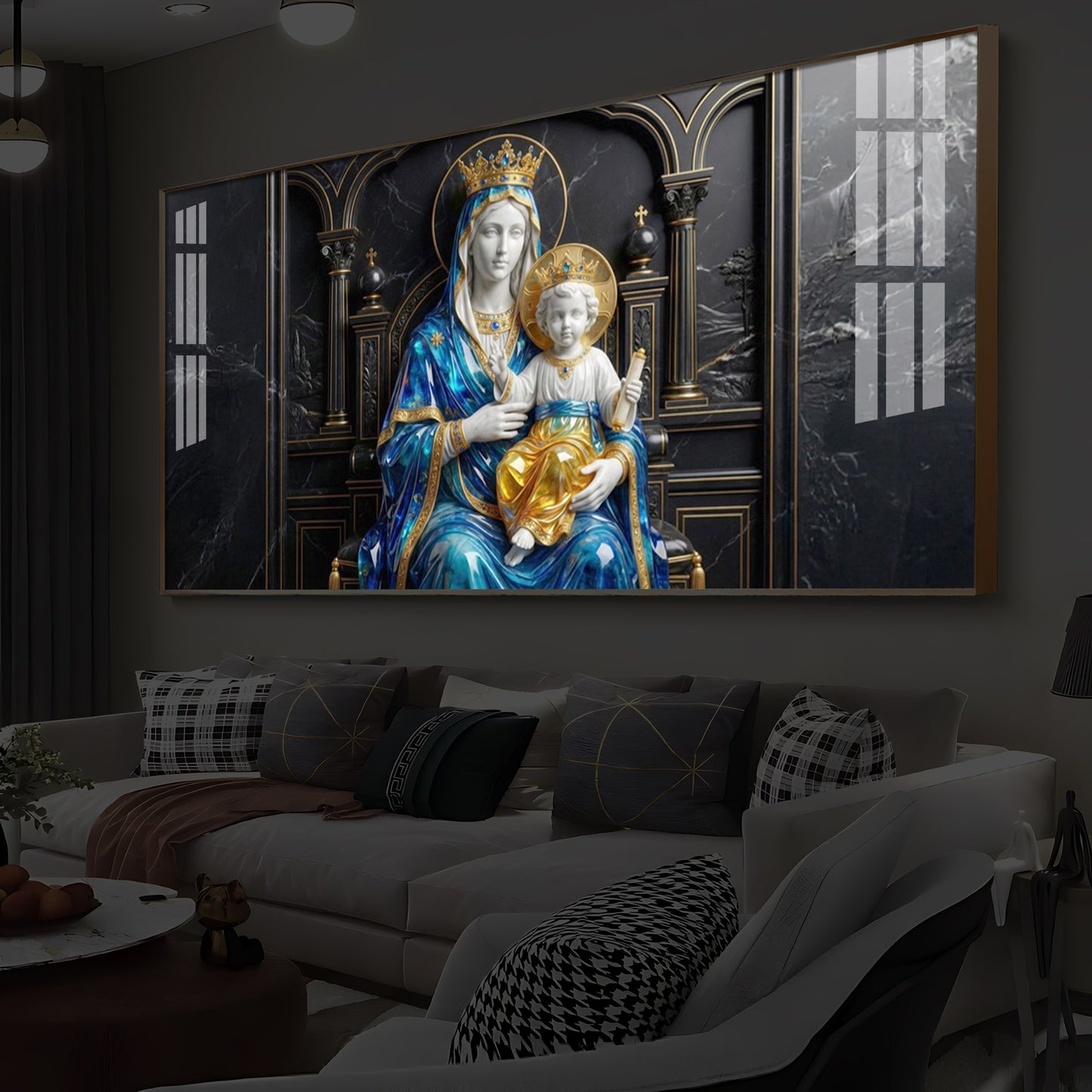 Mother Mary Holding Baby Jesus Modern Luxury Backlight Horizontal Wall Art