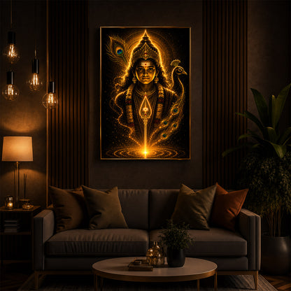 Divine Murugan With Peacock Modern Luxury Backlight Vertical Wall Art
