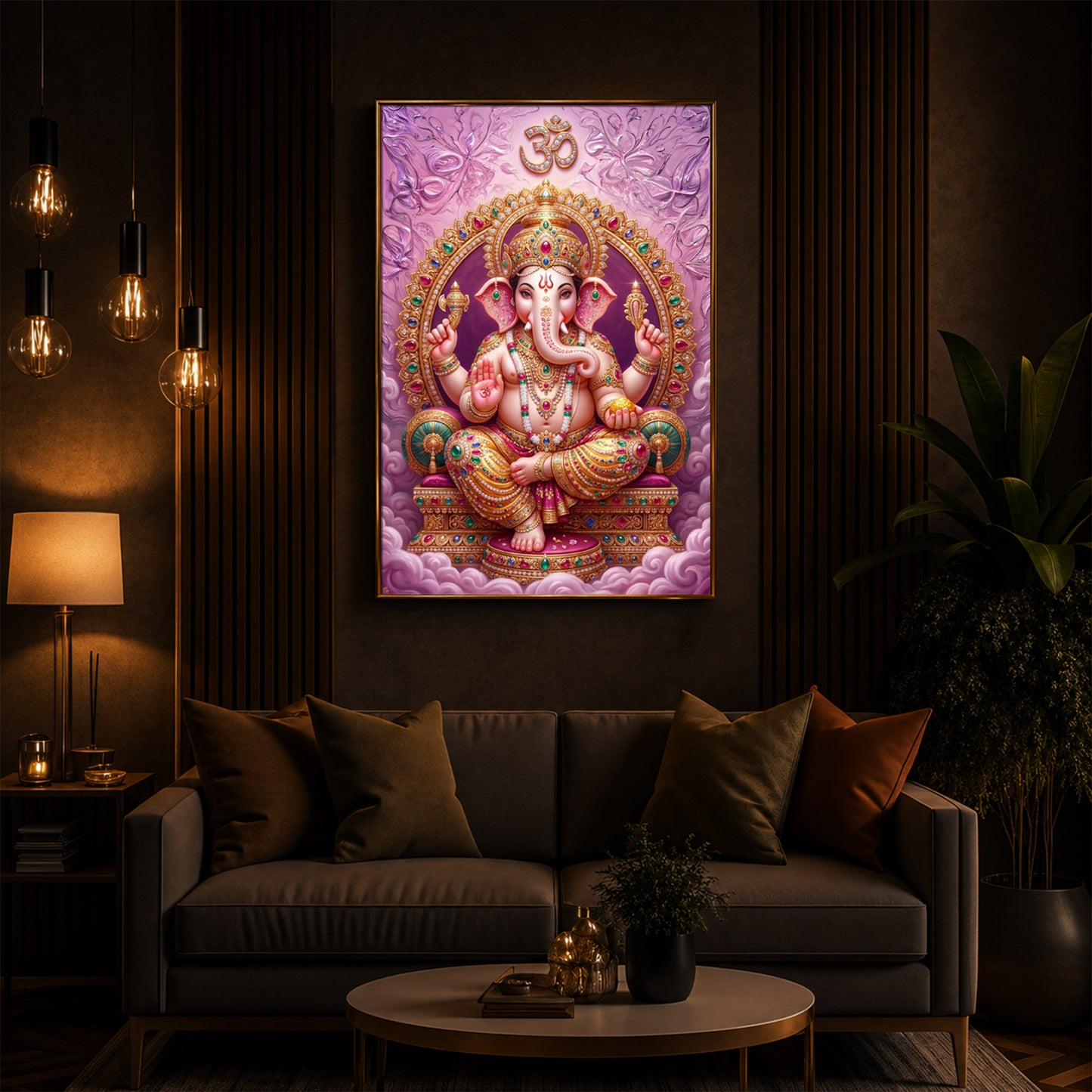 Vakratunda Mahakaya Ganesh Ji Modern Luxury Backlight Vertical Wall Art