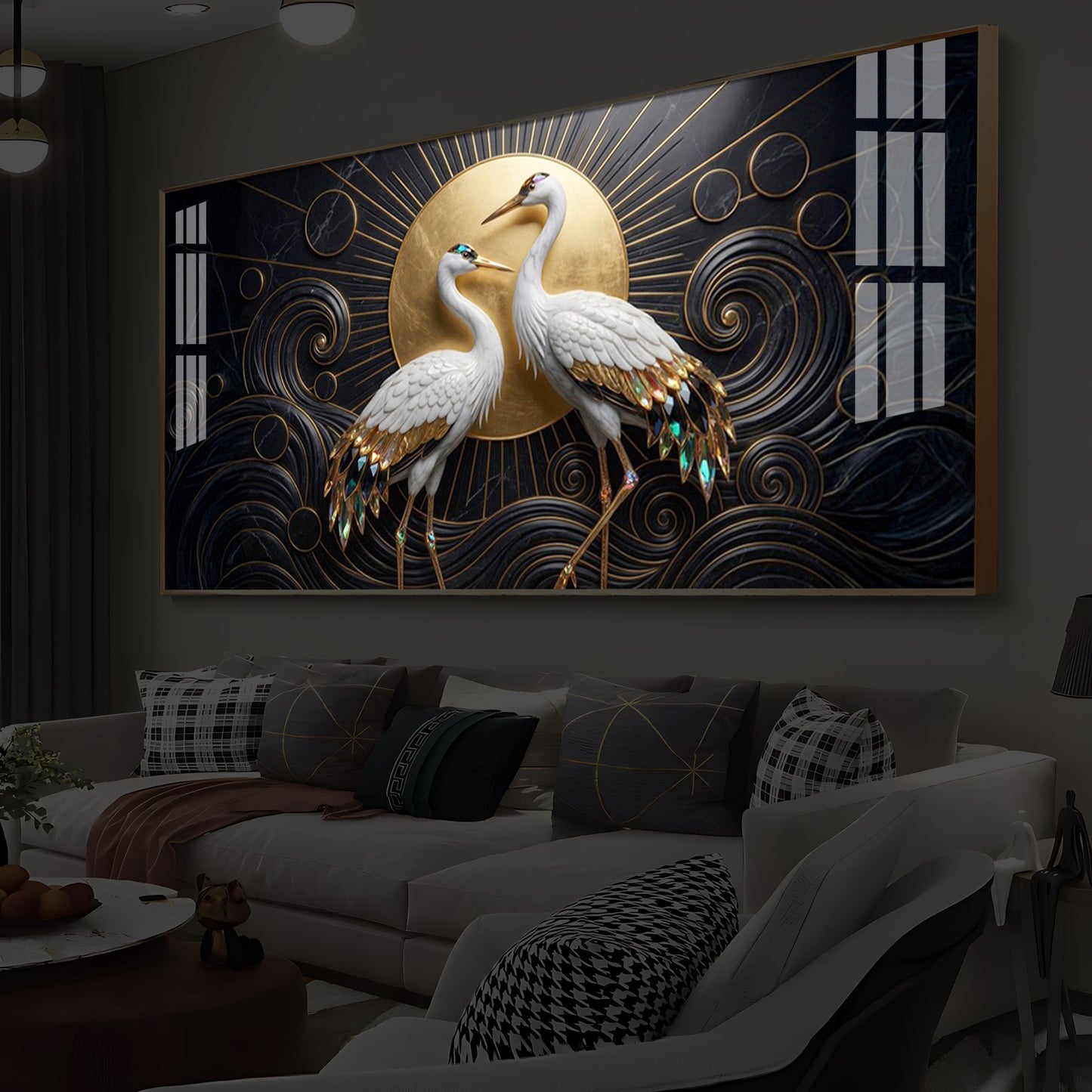 White Crane Modern Luxury Backlight Horizontal Wall Art