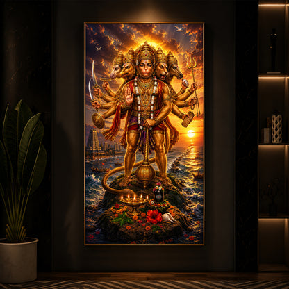 Powerful Panchmukhi Hanuman Ji Modern Luxury Backlight Vertical Wall Art