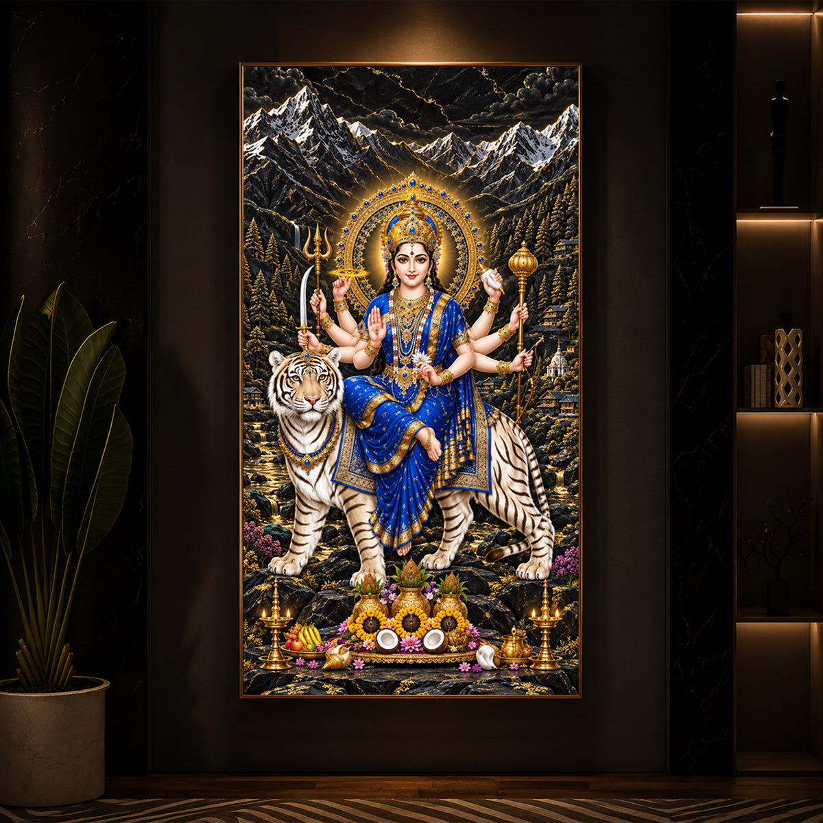 Maa Durga In Blue Saree Modern Luxury Backlight Vertical Wall Art