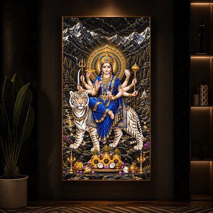 Maa Durga In Blue Saree Modern Luxury Backlight Vertical Wall Art