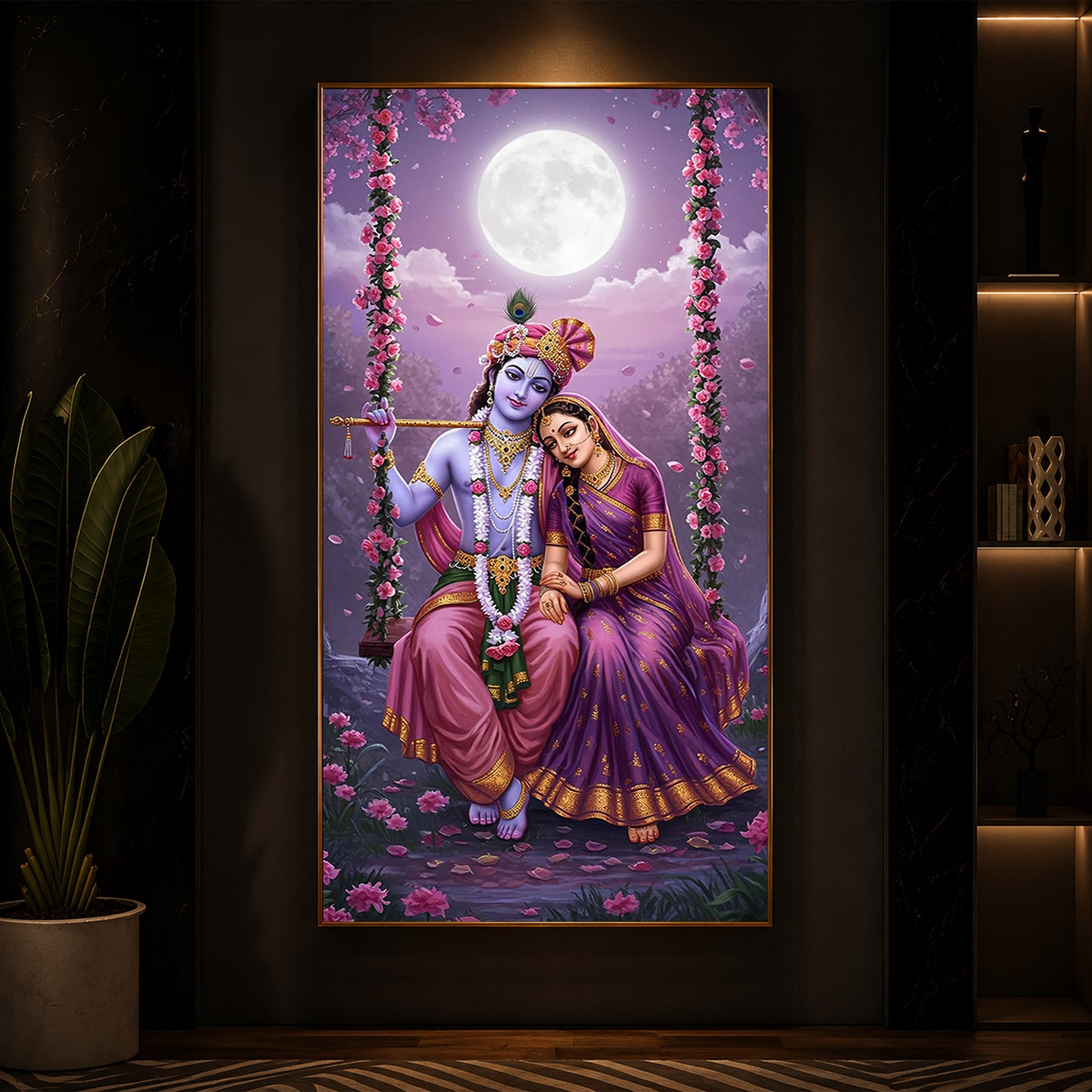 Loving Radha Krishna Modern Luxury Backlight Vertical Wall Art