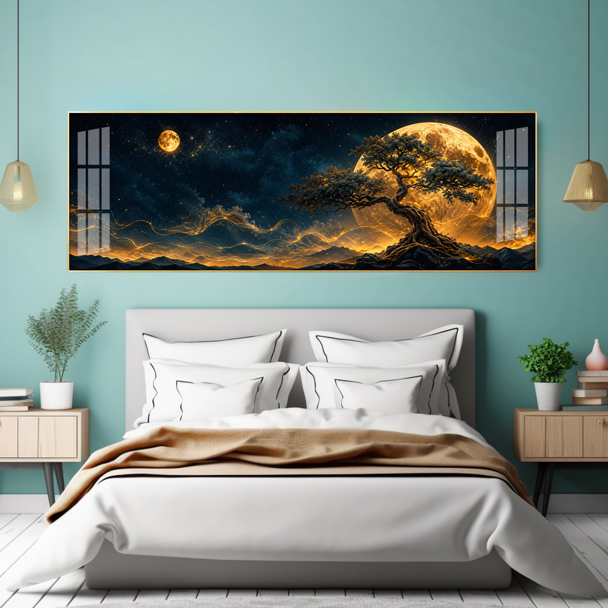 Golden Full Moon Bonsai Tree Premium Acrylic Horizontal Wall Art