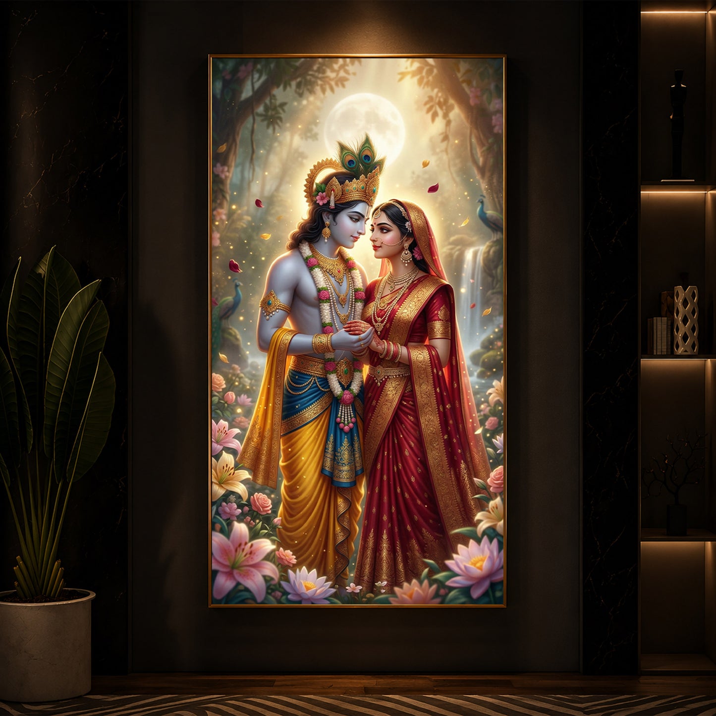 Loving Radha Krishna Ji Modern Luxury Backlight Vertical Wall Art