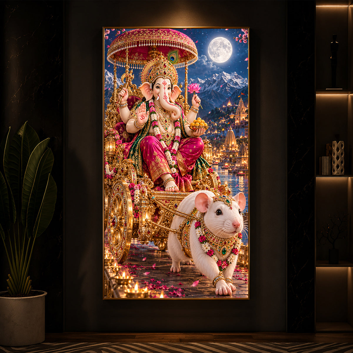 Ganapati Bappa Divine Rath Modern Luxury Backlight Vertical Wall Art
