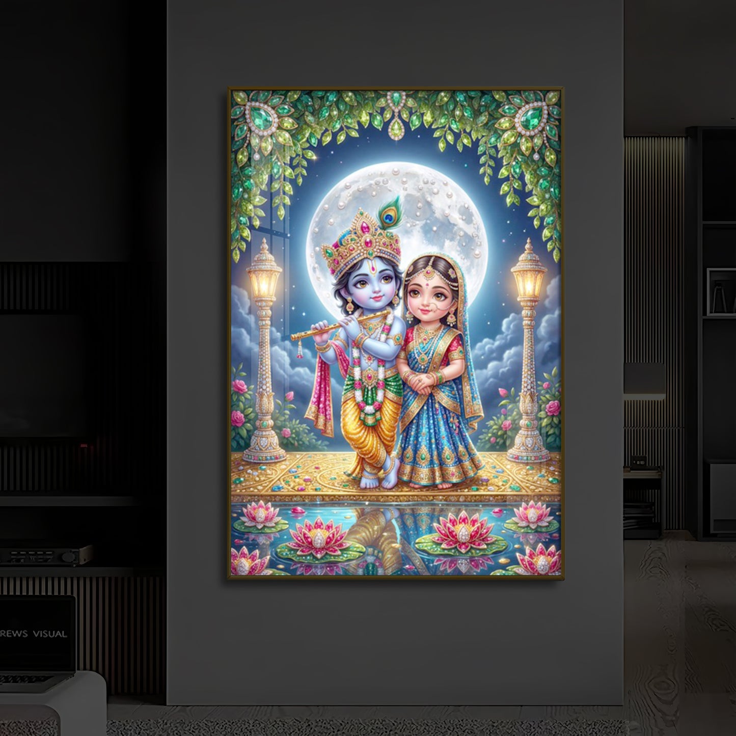 Little Radha Krishna Modern Luxury Backlight Vertical Wall Art