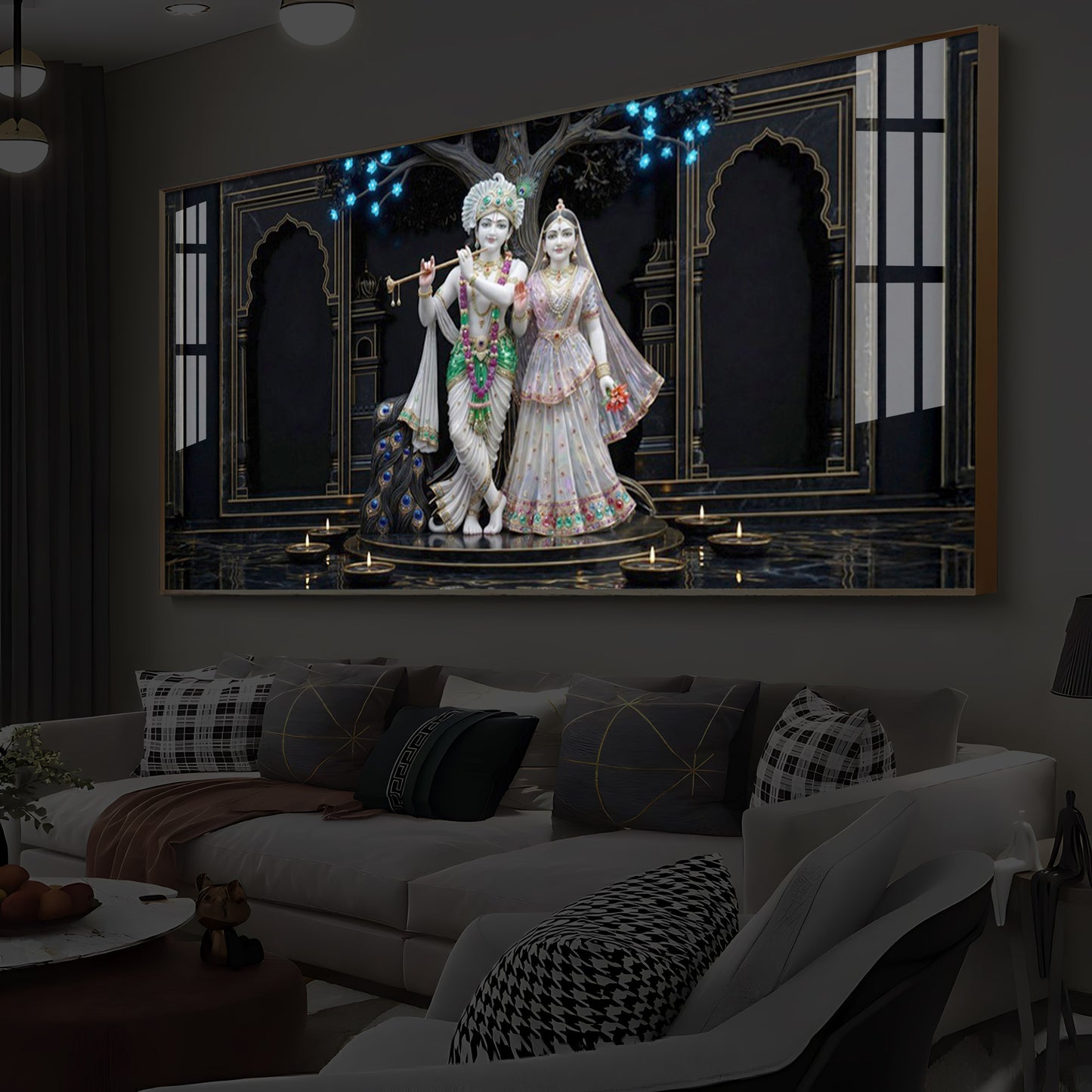 Radha Krishna With Flute Modern Luxury Backlight Horizontal Wall Art
