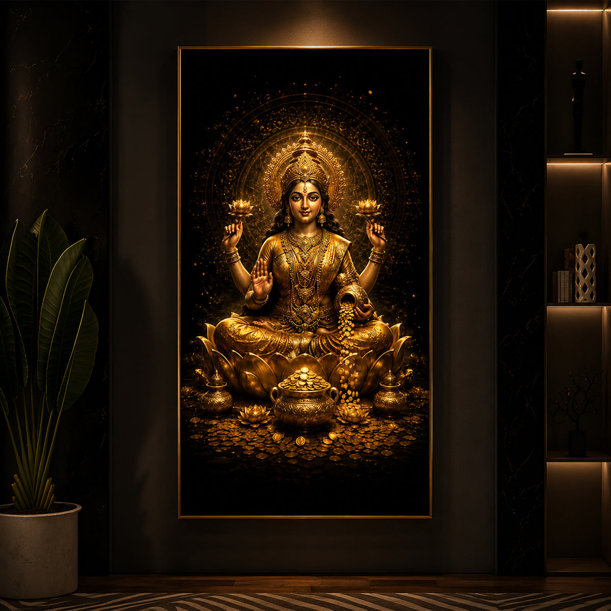 Divine Goddess Laxmi Golden Lotus Modern Luxury Backlight Vertical Wall Art
