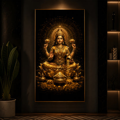 Divine Goddess Laxmi Golden Lotus Modern Luxury Backlight Vertical Wall Art