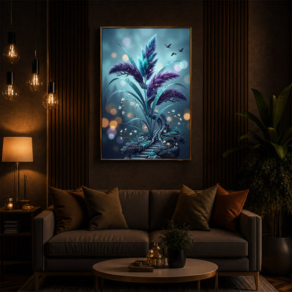 Mystical Purple Feather Plant Modern Luxury Backlight Vertical Wall Art