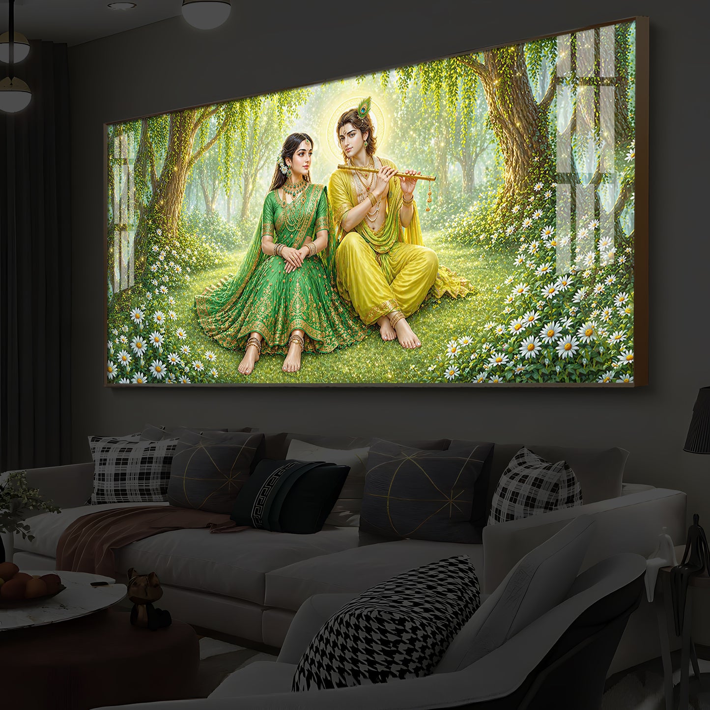 Divine Love Radhe Krishna Modern Luxury Backlight Horizontal Wall Art