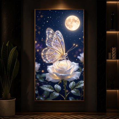 Butterfly On White Rose Modern Luxury Backlight Vertical Wall Art