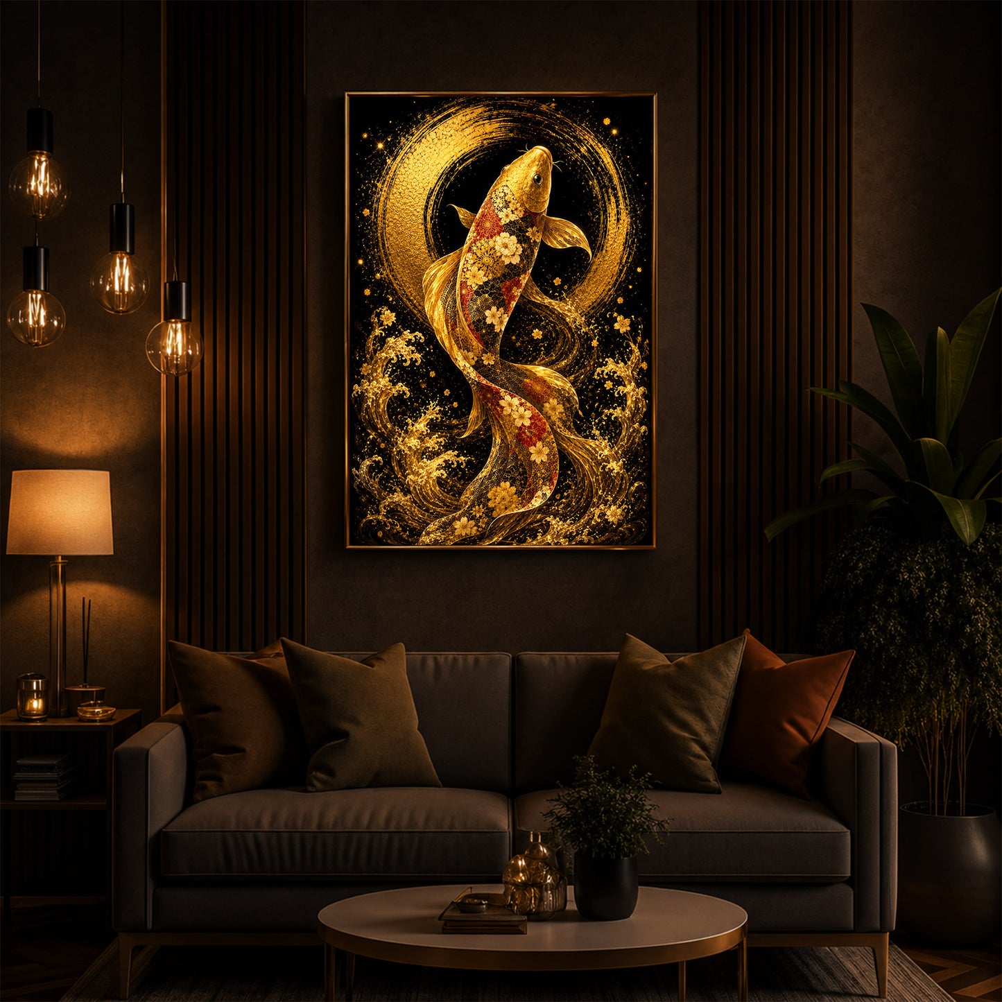 Golden Koi Fish Modern Luxury Backlight Vertical Wall Art