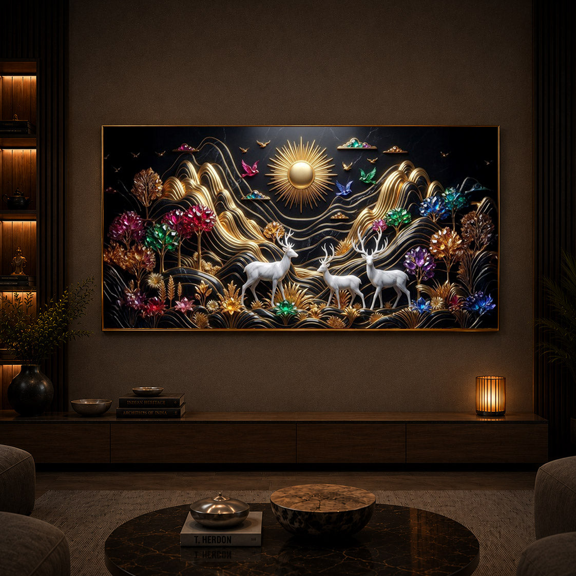 White Deer With Sun Modern Luxury Backlight Horizontal Wall Art