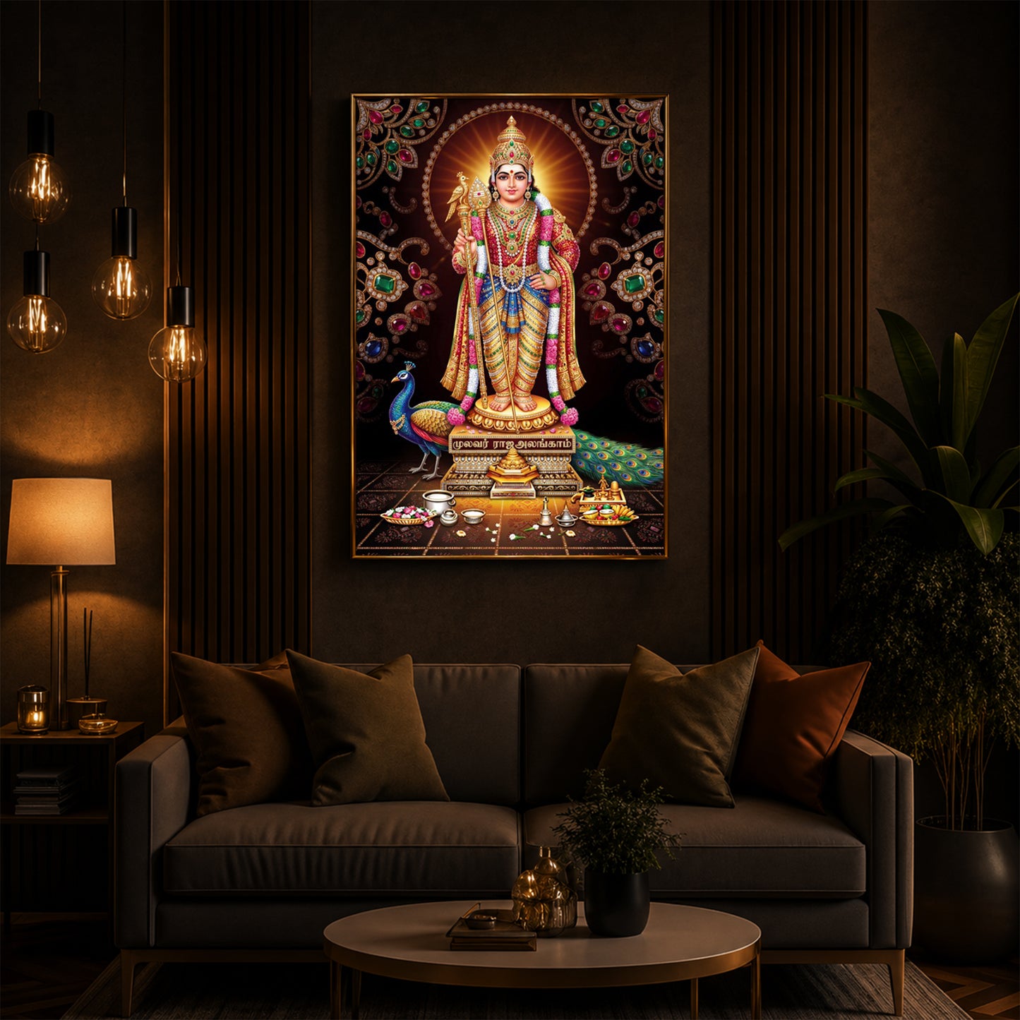 Lord Murugan With Peacock Modern Luxury Backlight Vertical Wall Art