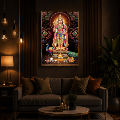 Lord Murugan With Peacock Modern Luxury Backlight Vertical Wall Art