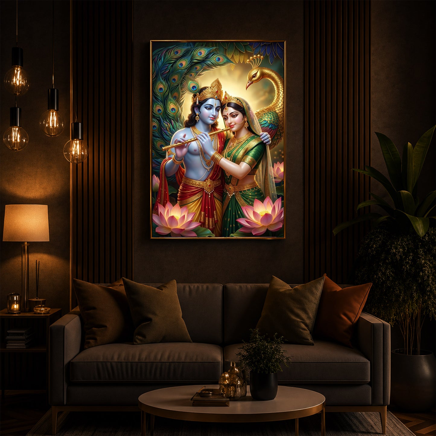 Depiction Of Radha Krishna Modern Luxury Backlight Vertical Wall Art