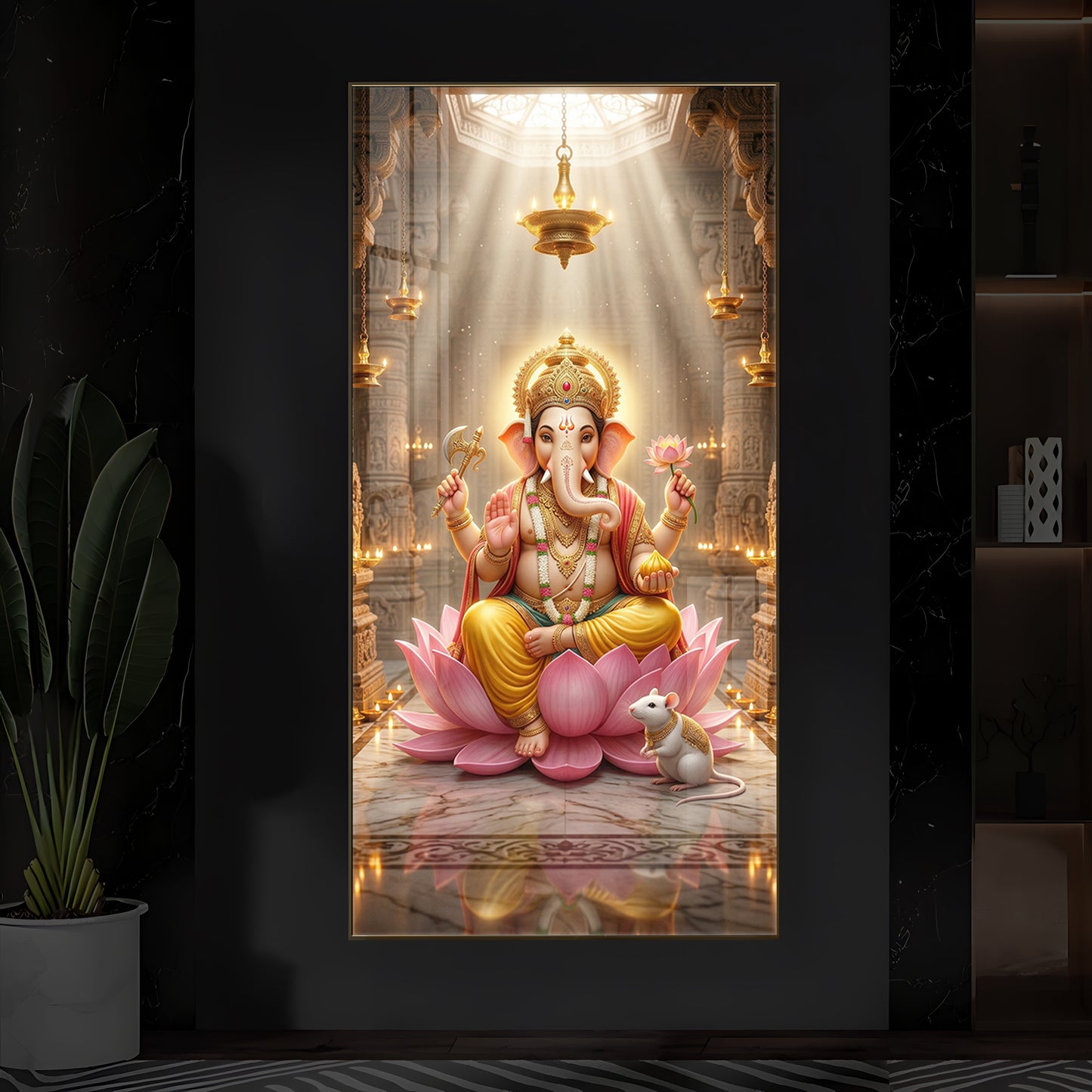Lord Ganesh Ji On Lotus Modern Luxury Backlight Vertical Wall Art