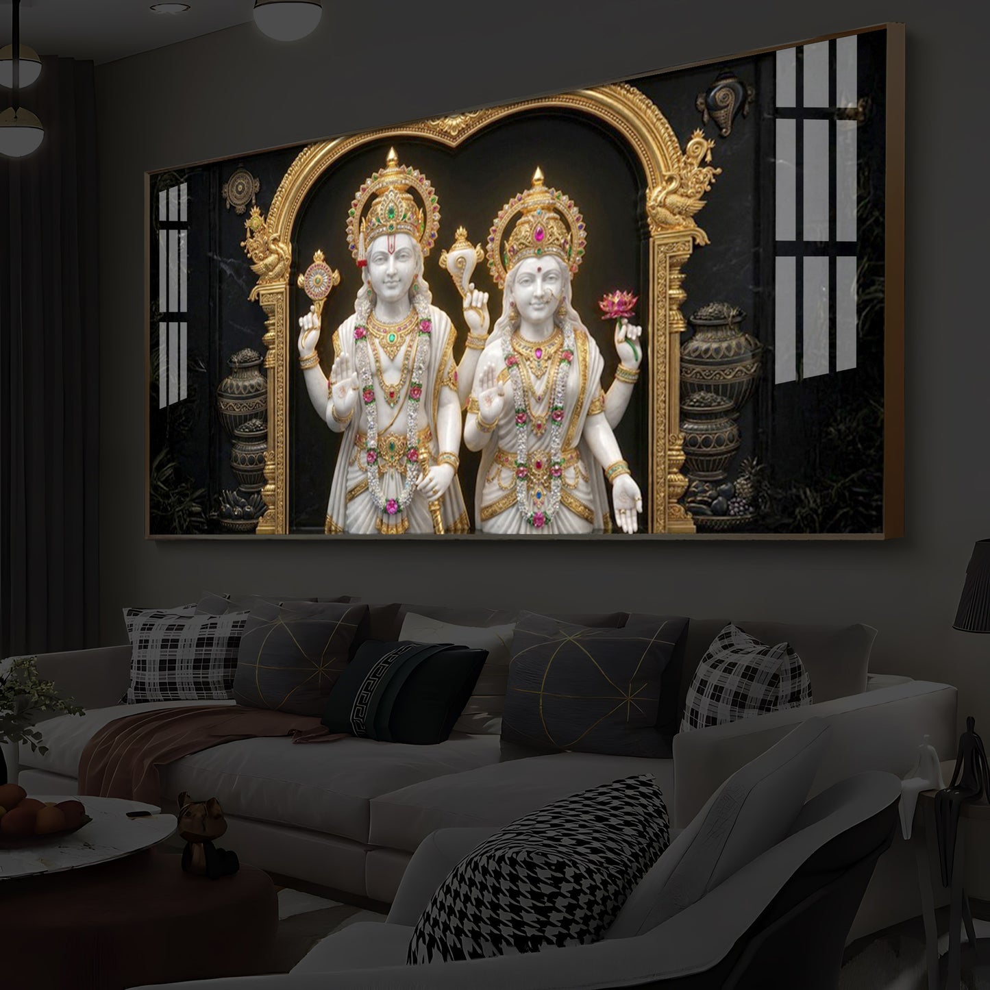 Lord Vishnu & Goddess Lakshmi Modern Luxury Backlight Horizontal Wall Art