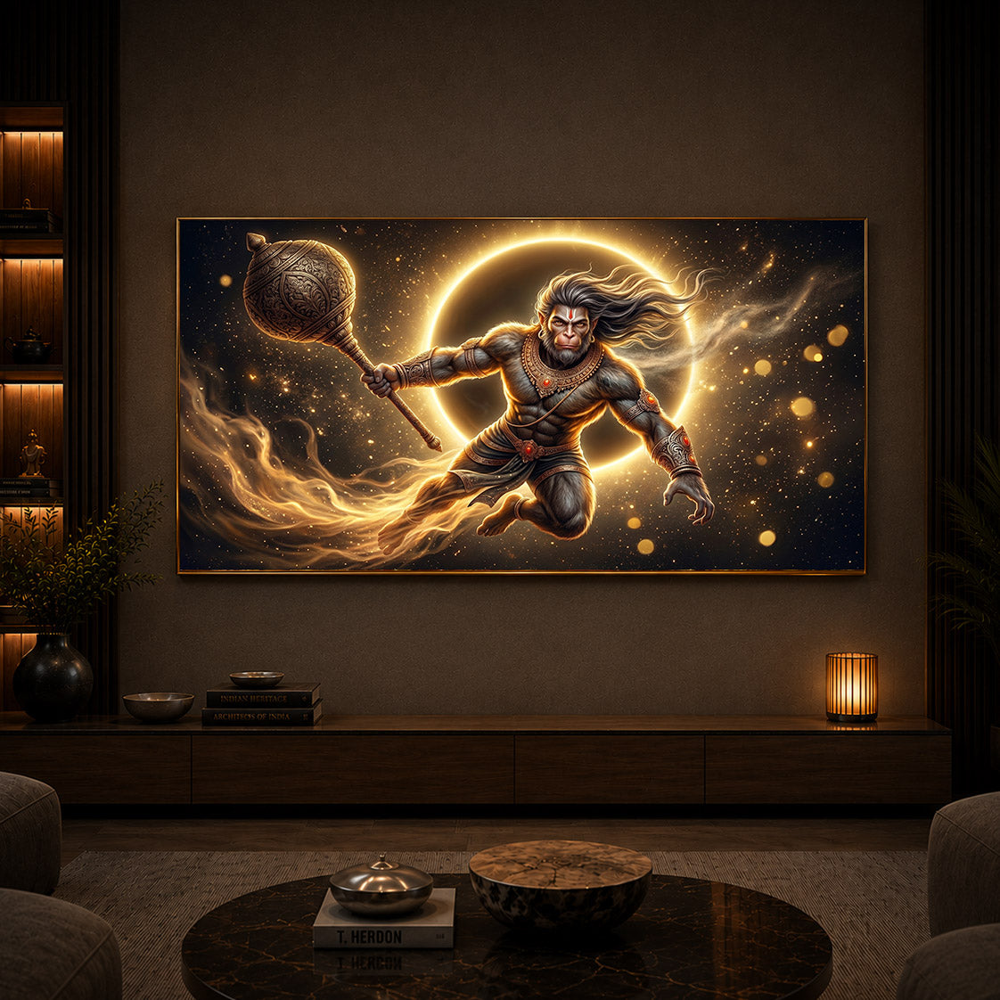 Lord Hanuman With Gada Modern Luxury Backlight Horizontal Wall Art