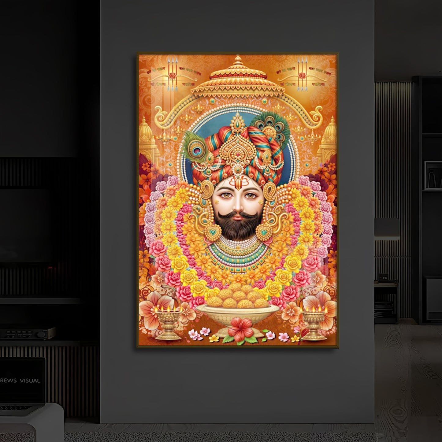 Hindu deity Khatu Shyam Ji Modern Luxury Backlight Vertical Wall Art