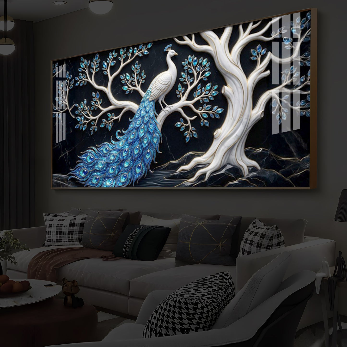 Peacock With Blue Feather Modern Luxury Backlight Horizontal Wall Art