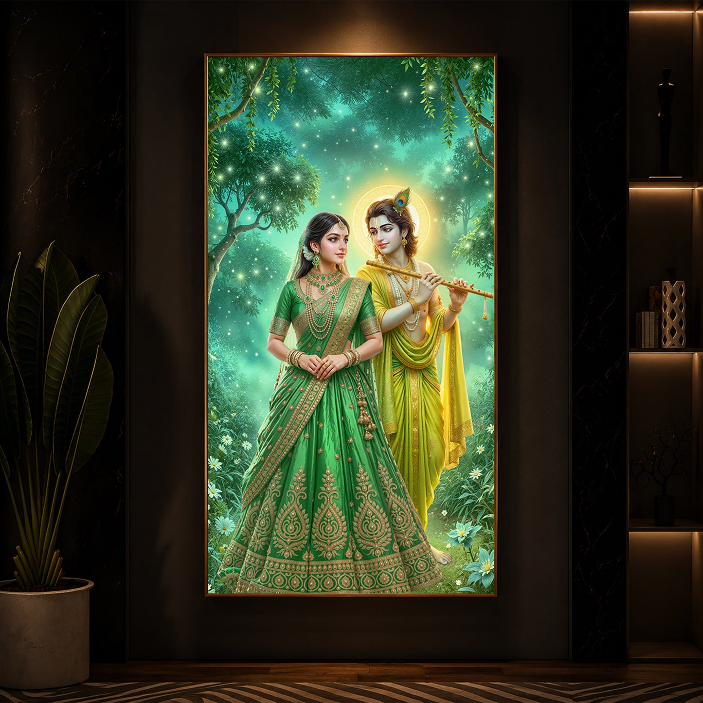 Shri Radhe Krishna Modern Luxury Backlight Vertical Wall Art
