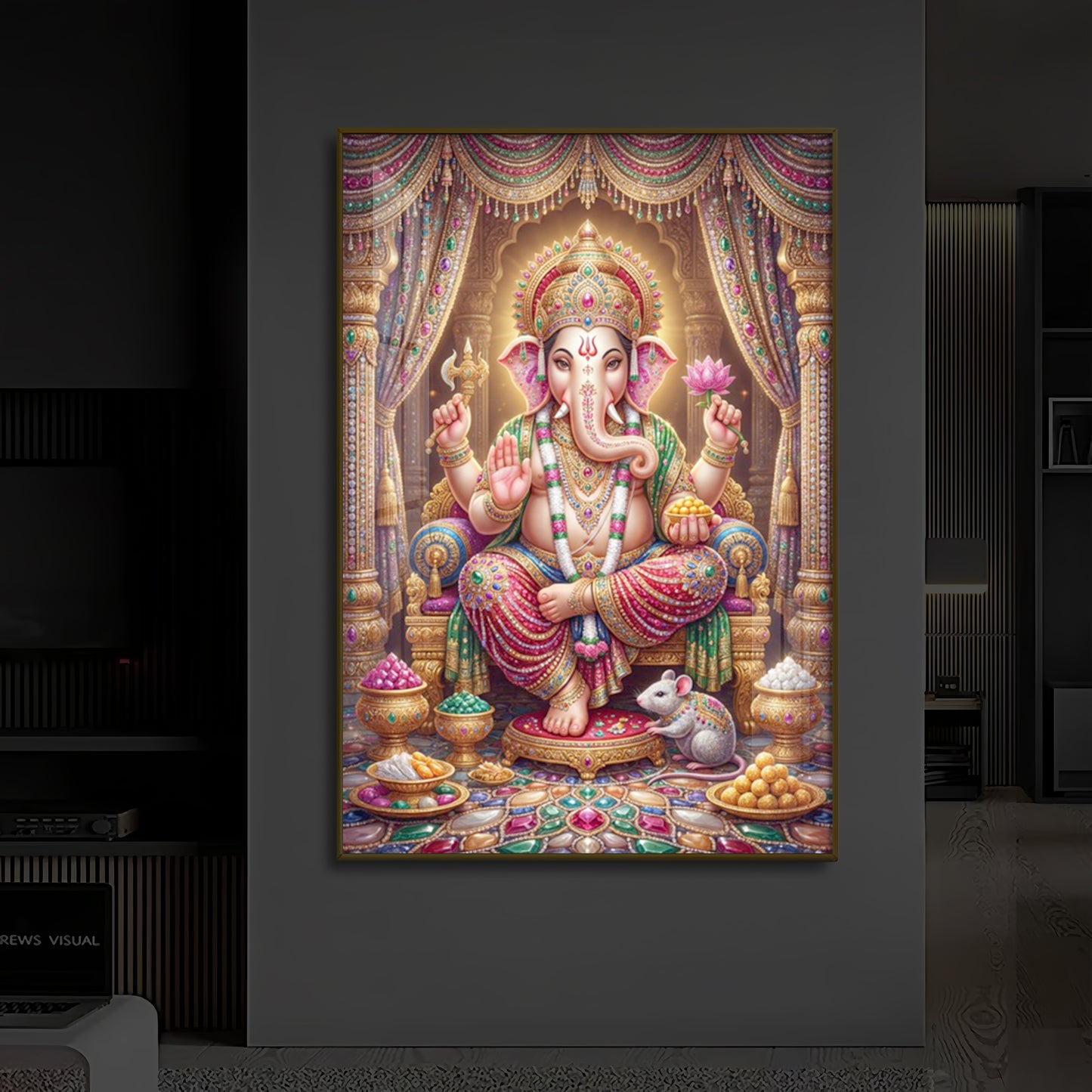 Shree Ganesh Darbar Modern Luxury Backlight Vertical Wall Art