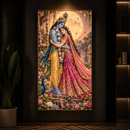 Divine Love of Krishna Radha Modern Luxury Backlight Vertical Wall Art