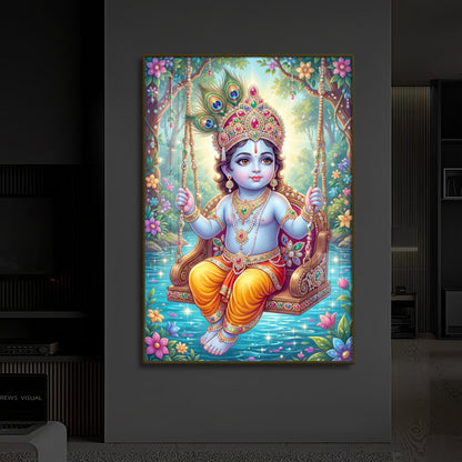 Divine Lord Krishna Modern Luxury Backlight Vertical Wall Art