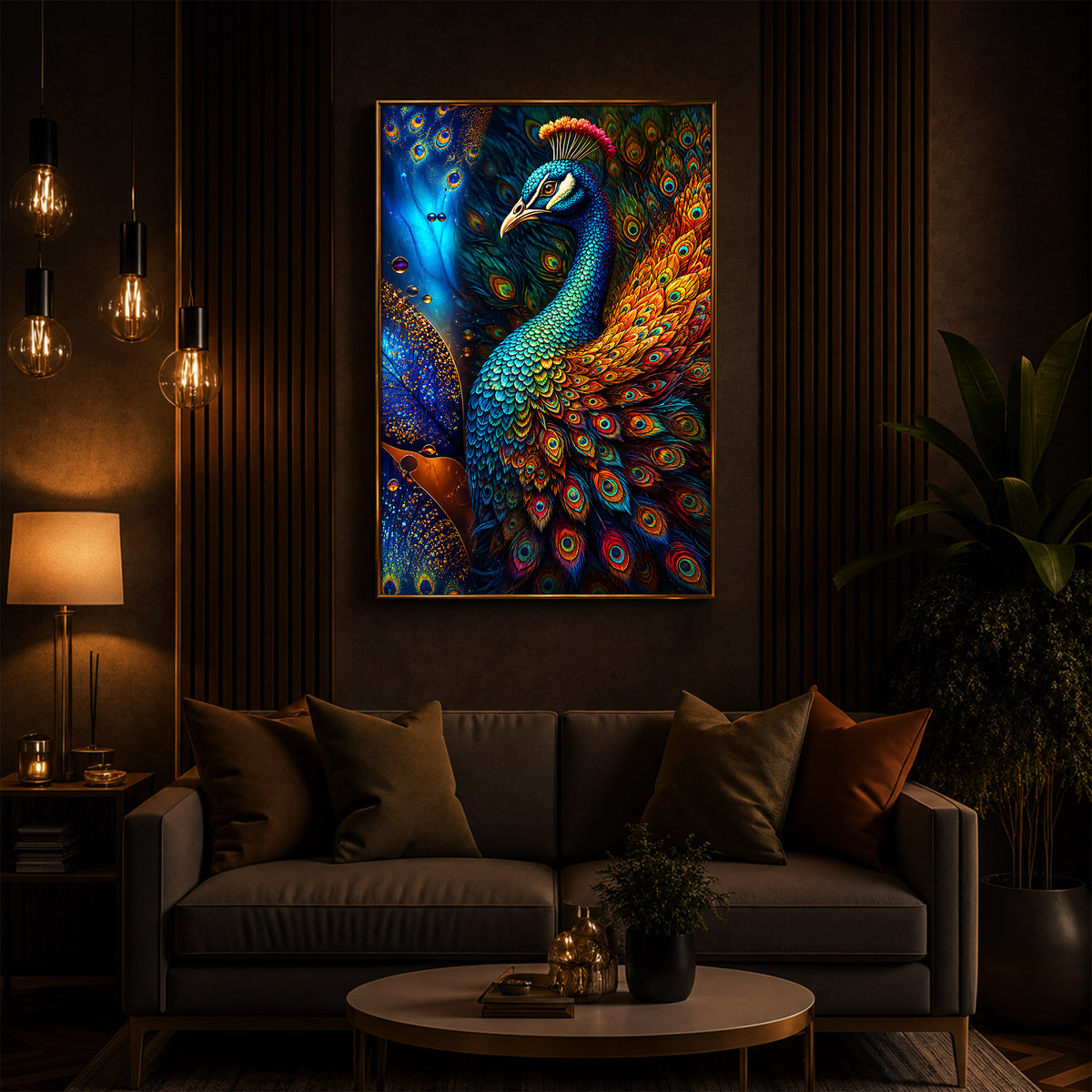 Majestic Regal Peacock Feathers Modern Luxury Backlight Vertical Wall Art