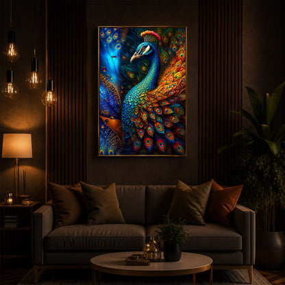 Majestic Regal Peacock Feathers Modern Luxury Backlight Vertical Wall Art