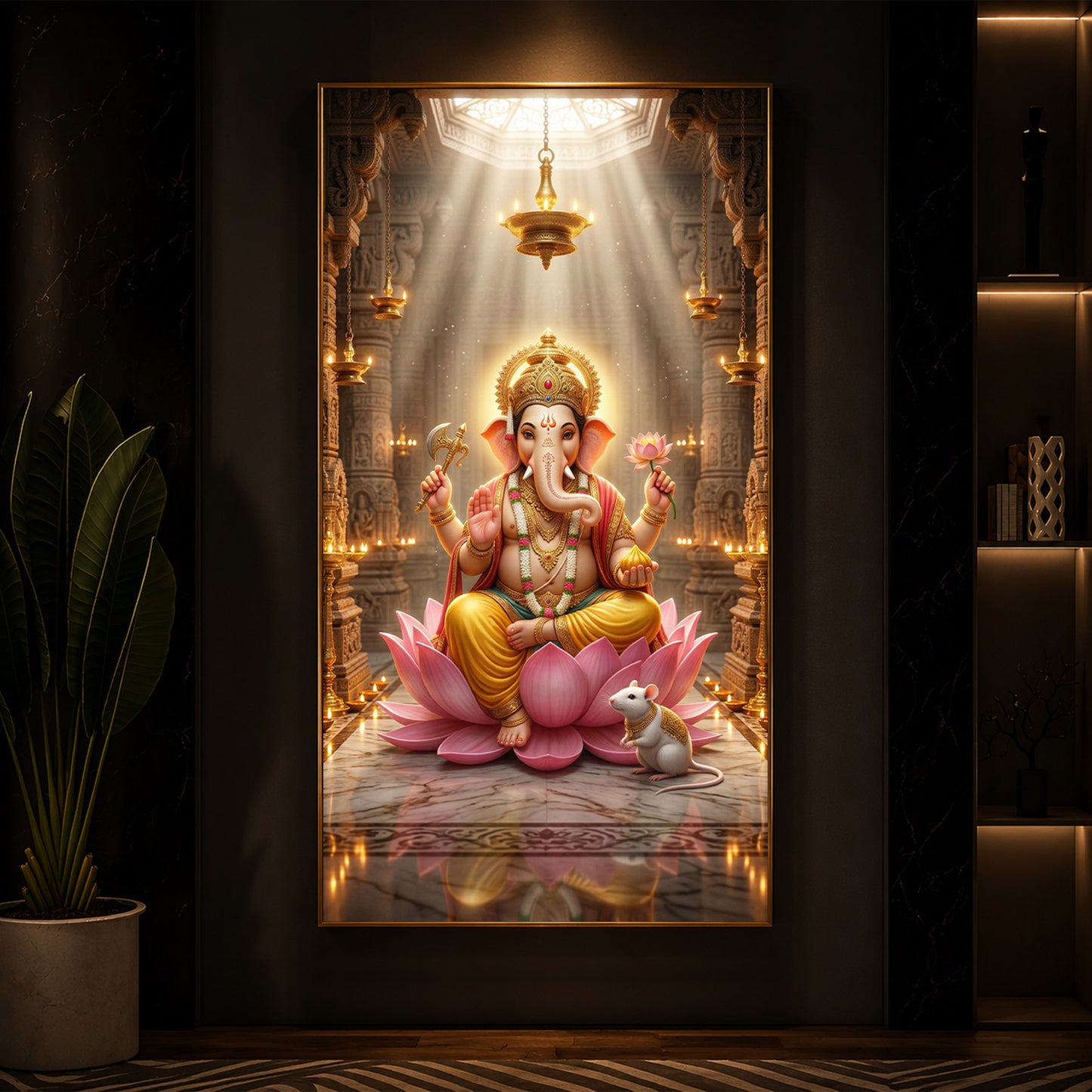 Lord Ganesh Ji On Lotus Modern Luxury Backlight Vertical Wall Art