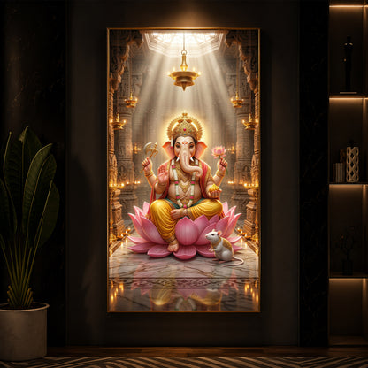 Lord Ganesh Ji On Lotus Modern Luxury Backlight Vertical Wall Art