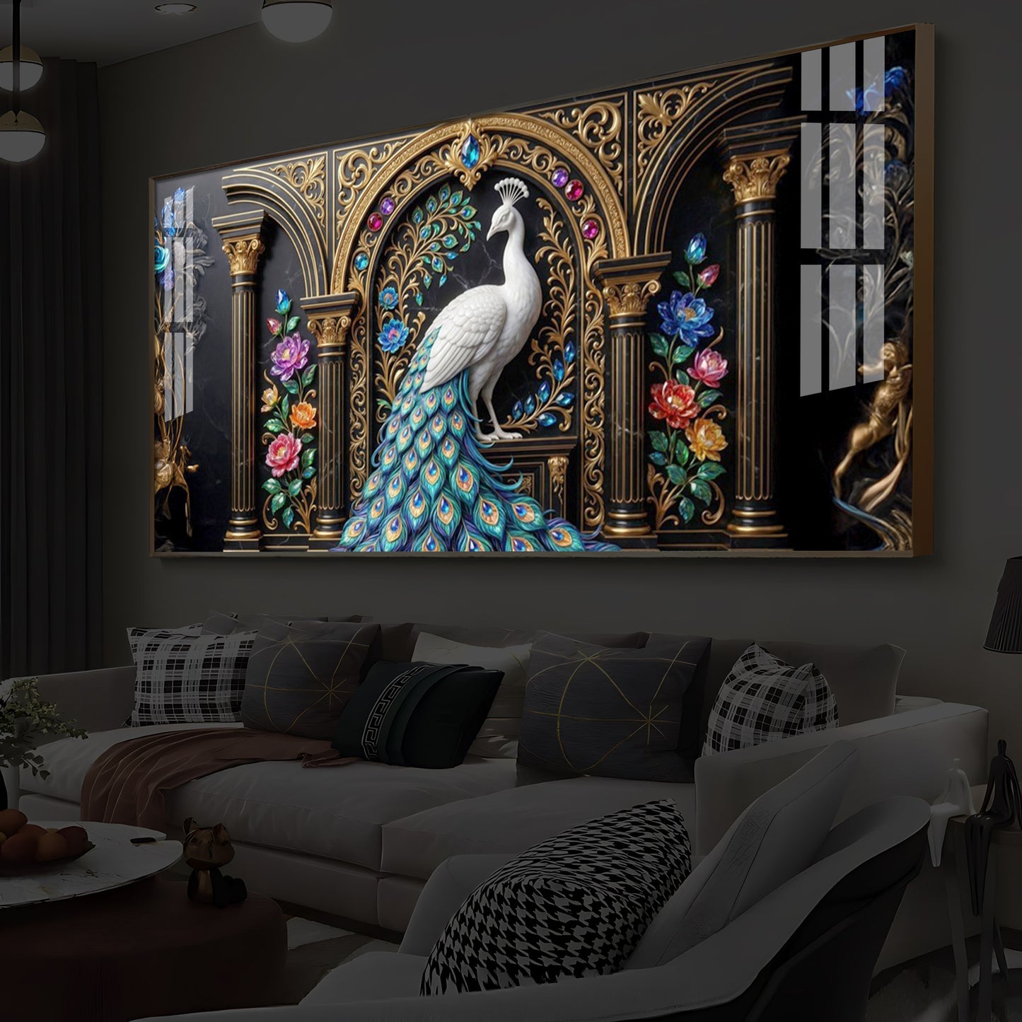 White Peacock Against A Dark Modern Luxury Backlight Horizontal Wall Art