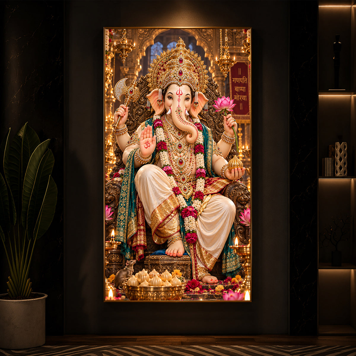 Ganapati Bappa Divine Blessings Modern Luxury Backlight Vertical Wall Art