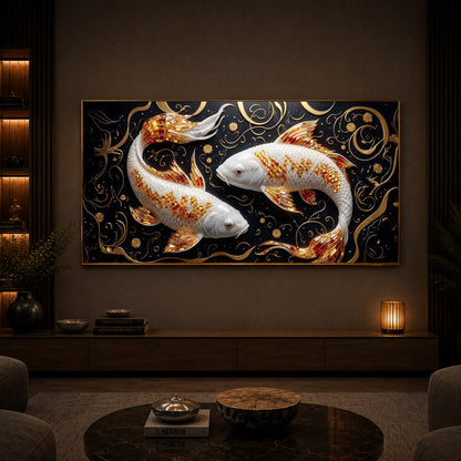 Two Golden Koi Fish Modern Luxury Backlight Horizontal Wall Art