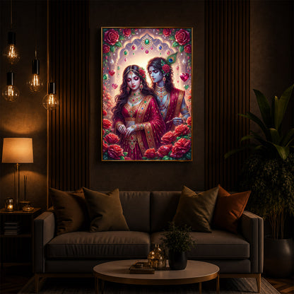 Radha Krishna Surrounded By Red Roses Modern Luxury Backlight Vertical Wall Art