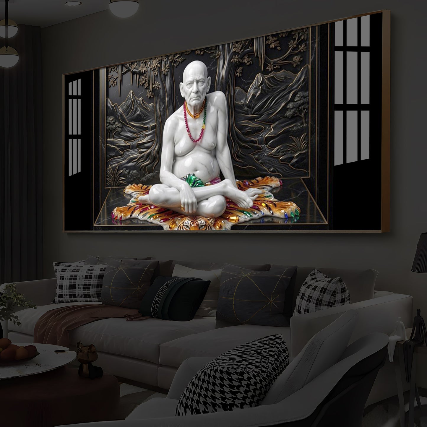 White Marble Swami Samarth Modern Luxury Backlight Horizontal Wall Art