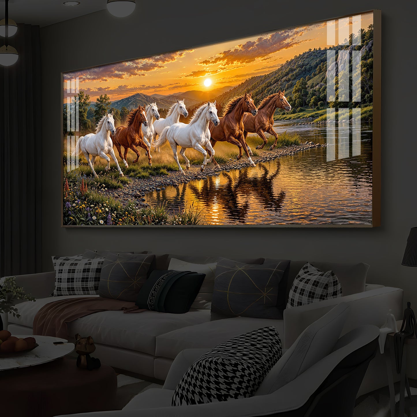 Seven Running Horses With Sunset Splash Modern Luxury Backlight Horizontal Wall Art