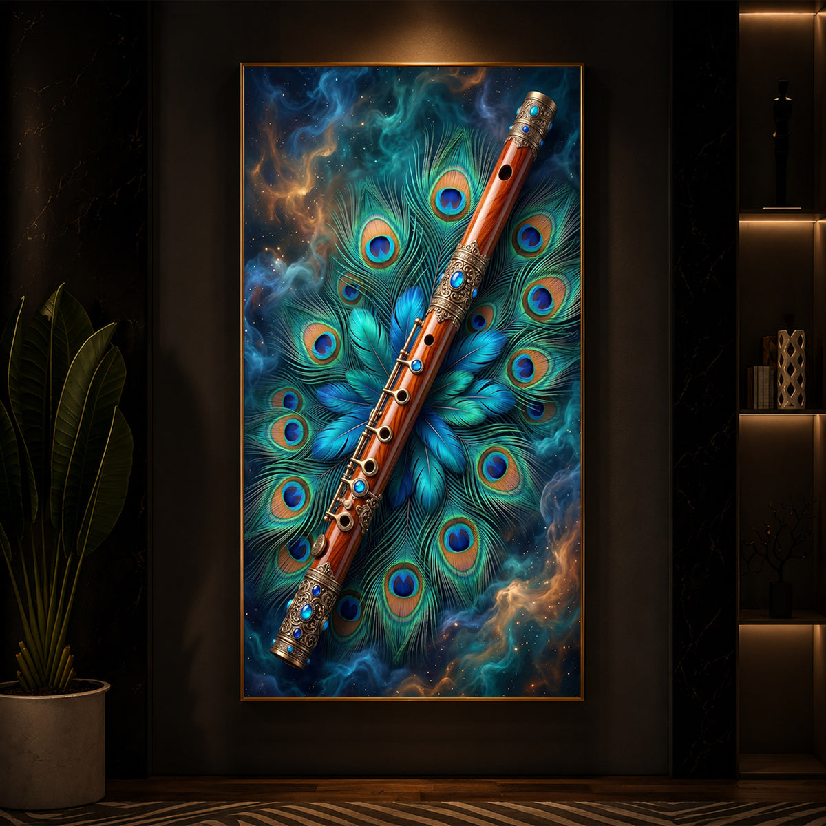 Flute With Peacock Feather Modern Luxury Backlight Vertical Wall Art