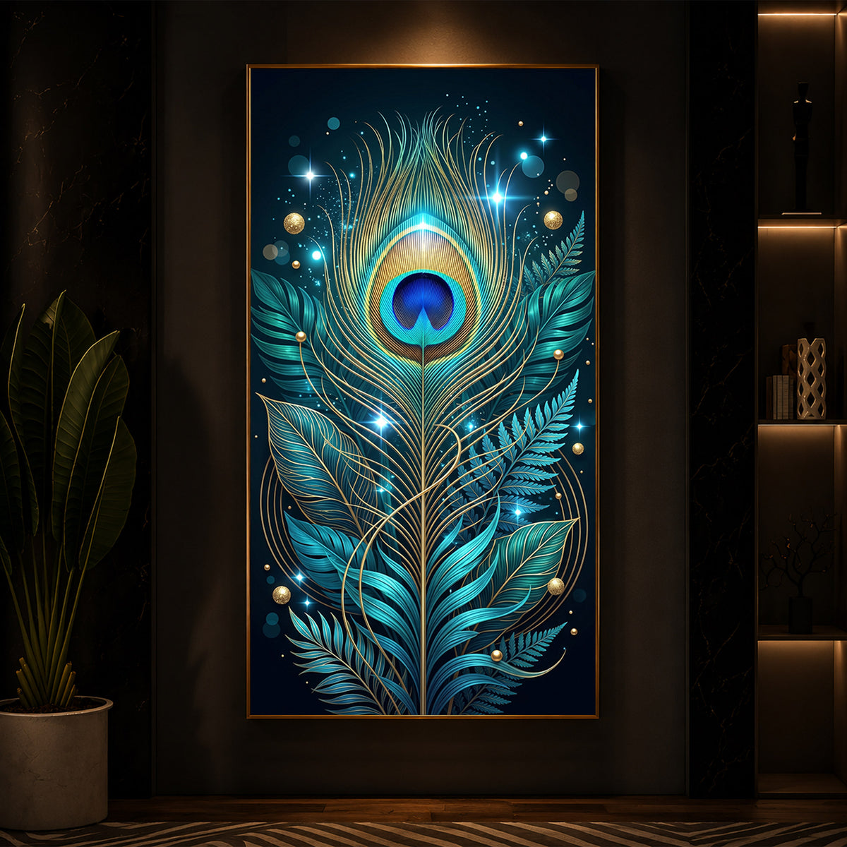 Radiant Peacock Feather Modern Luxury Backlight Vertical Wall Art