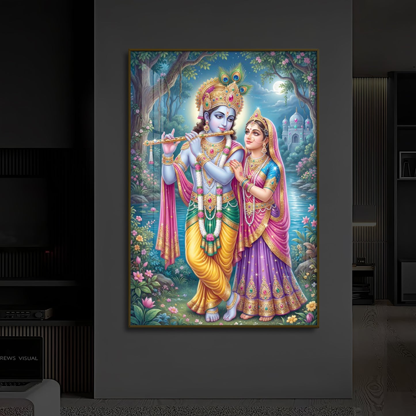 Hindu Deities Radha and Krishna Modern Luxury Backlight Vertical Wall Art